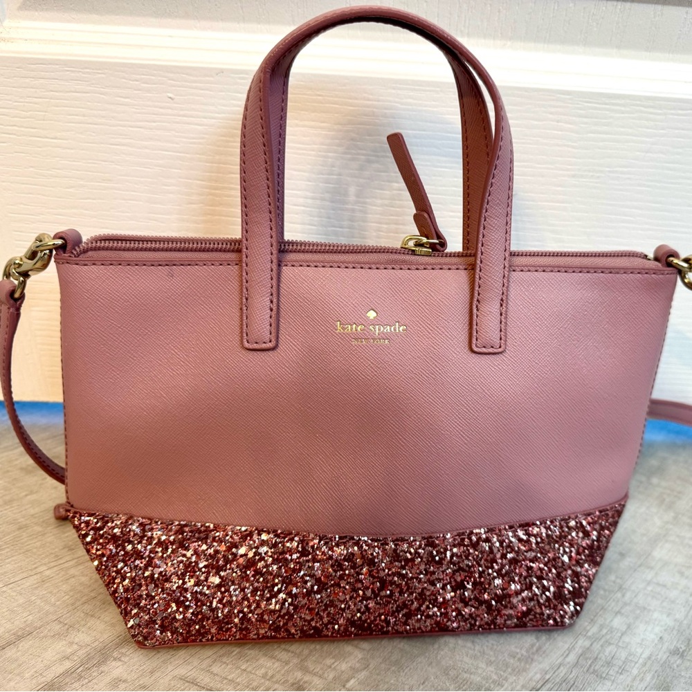 Kate Spade Greta Court Dusty Peony Pink Glitter Crossbody Purse